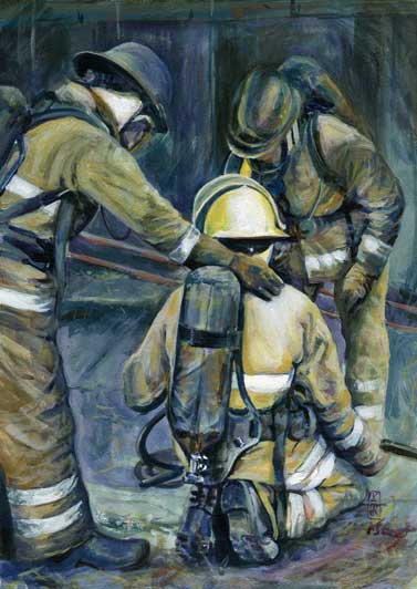 checking o0n a fire fighter colleague. painting by Vicky Stonebridge