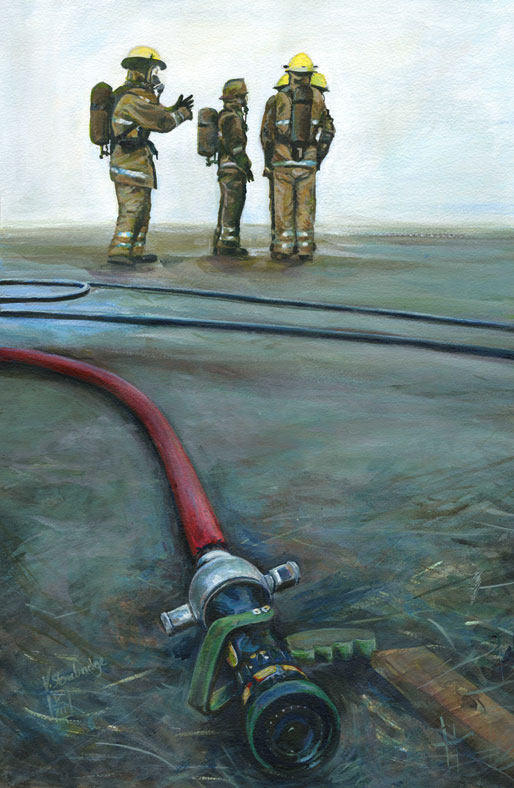 Hoses ready, painting, fire fighting art